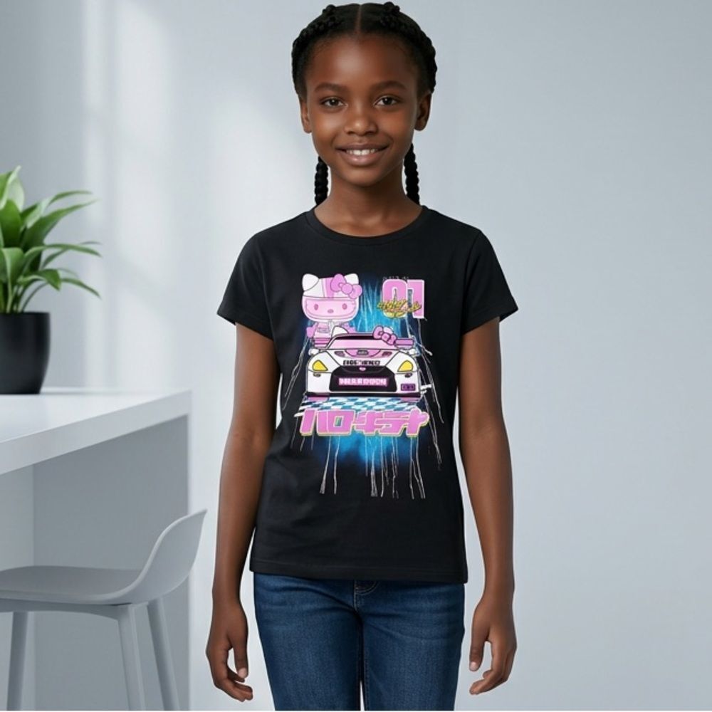NWOT Sanrio Youth Girls Black Tee Shirt Hello Kitty Tokyo Speed Racing - Size L
